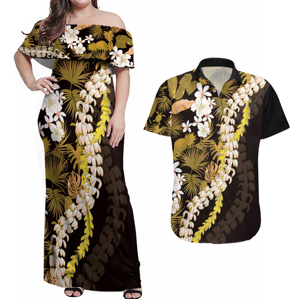 Kula Aloha Hawaii Lei Couples Matching Off Shoulder Maxi Dress and Hawaiian Shirt Tropical Flowers Elegant Vibe LT14 Gold - Polynesian Pride