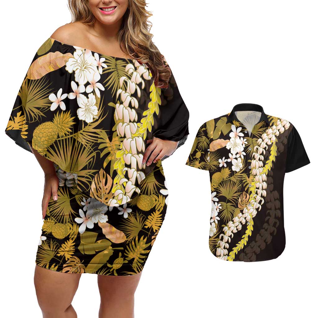 Kula Aloha Hawaii Lei Couples Matching Off Shoulder Short Dress and Hawaiian Shirt Tropical Flowers Elegant Vibe LT14 Gold - Polynesian Pride