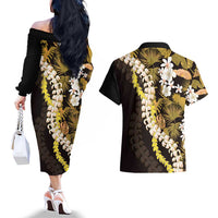 Kula Aloha Hawaii Lei Couples Matching Off The Shoulder Long Sleeve Dress and Hawaiian Shirt Tropical Flowers Elegant Vibe - Polynesian Pride