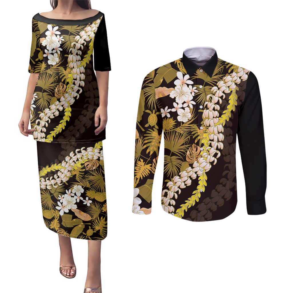 Kula Aloha Hawaii Lei Couples Matching Puletasi and Long Sleeve Button Shirt Tropical Flowers Elegant Vibe LT14 Gold - Polynesian Pride