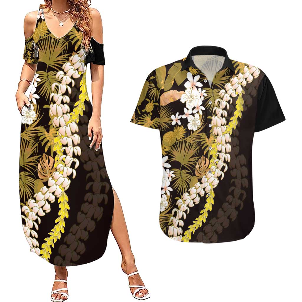 Kula Aloha Hawaii Lei Couples Matching Summer Maxi Dress and Hawaiian Shirt Tropical Flowers Elegant Vibe LT14 Gold - Polynesian Pride