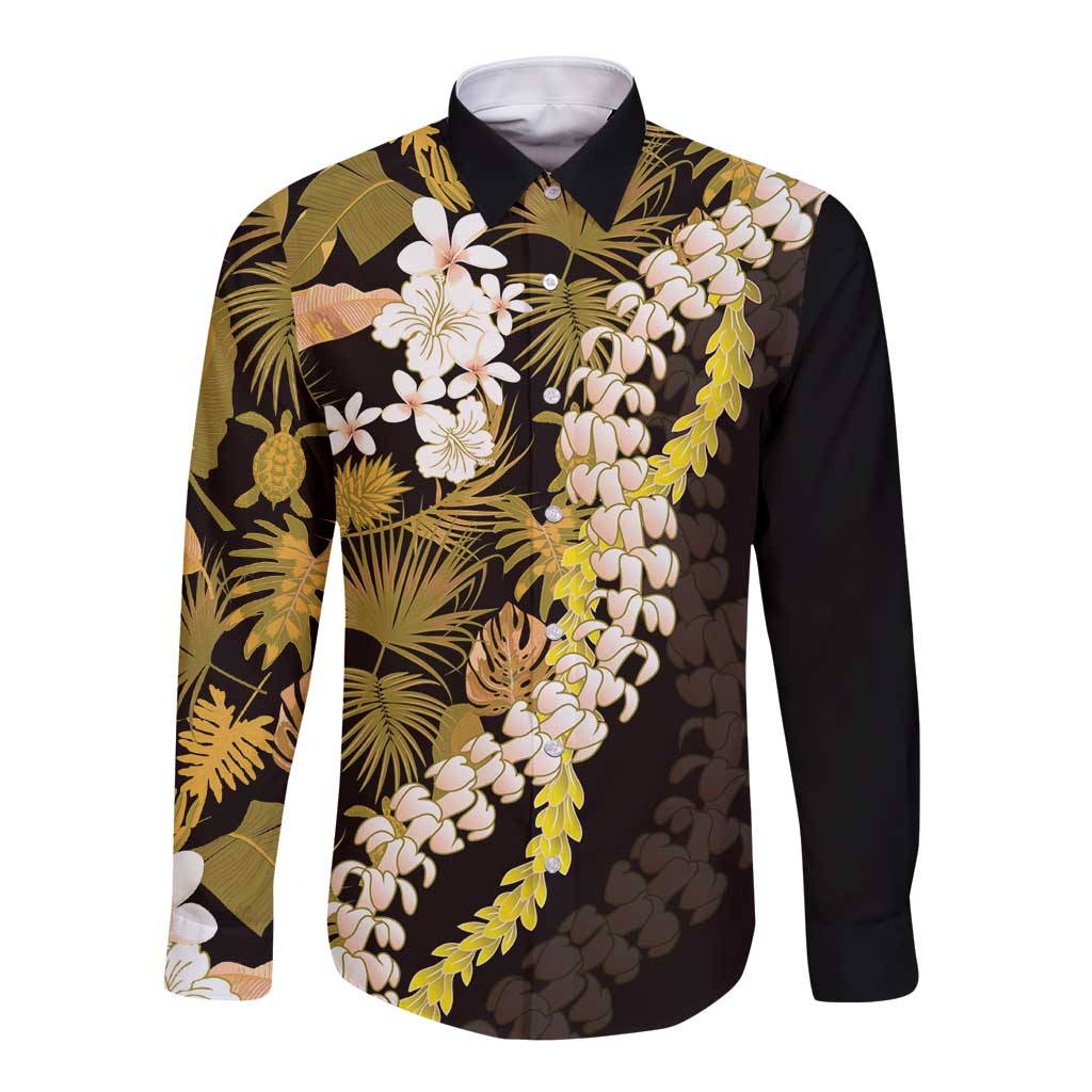 Kula Aloha Hawaii Lei Long Sleeve Button Shirt Tropical Flowers Elegant Vibe LT14 Unisex Gold - Polynesian Pride