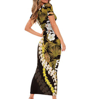 Kula Aloha Hawaii Lei Short Sleeve Bodycon Dress Tropical Flowers Elegant Vibe - Polynesian Pride