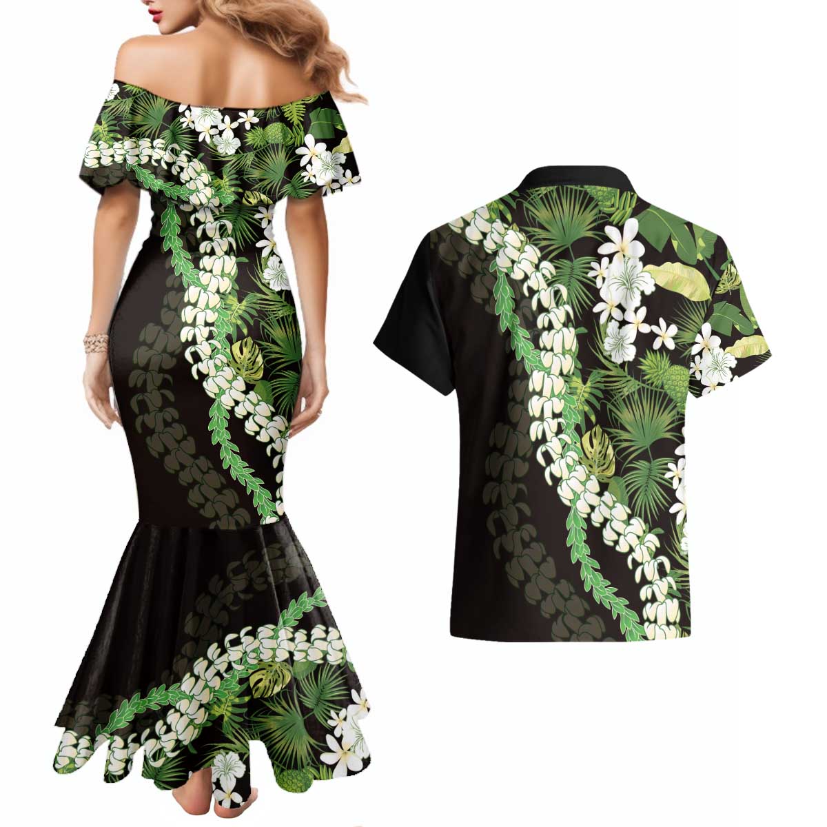 Omaomao Aloha Hawaii Lei Couples Matching Mermaid Dress and Hawaiian Shirt Tropical Flowers Elegant Vibe - Polynesian Pride