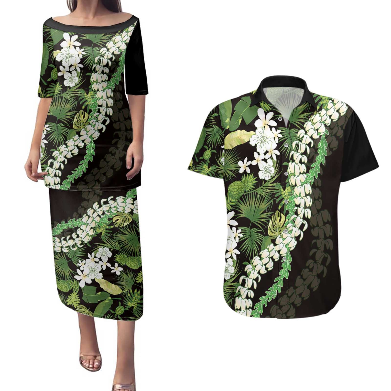 Omaomao Aloha Hawaii Lei Couples Matching Puletasi and Hawaiian Shirt Tropical Flowers Elegant Vibe LT14 Green - Polynesian Pride