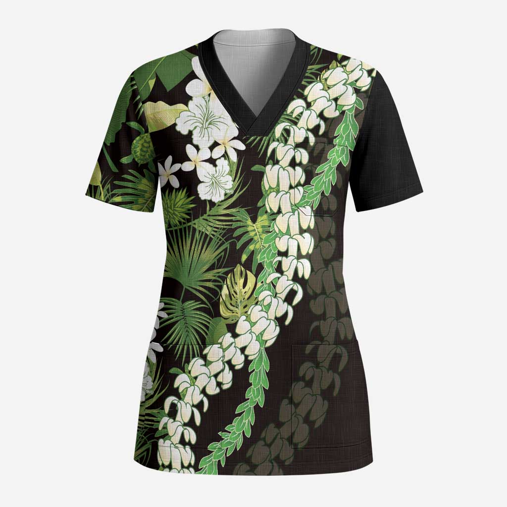 Omaomao Aloha Hawaii Lei Scrub Top Tropical Flowers Elegant Vibe LT14 Adult Green - Polynesian Pride