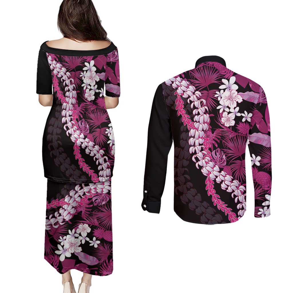 Akala Aloha Hawaii Lei Couples Matching Puletasi and Long Sleeve Button Shirt Tropical Flowers Elegant Vibe - Polynesian Pride