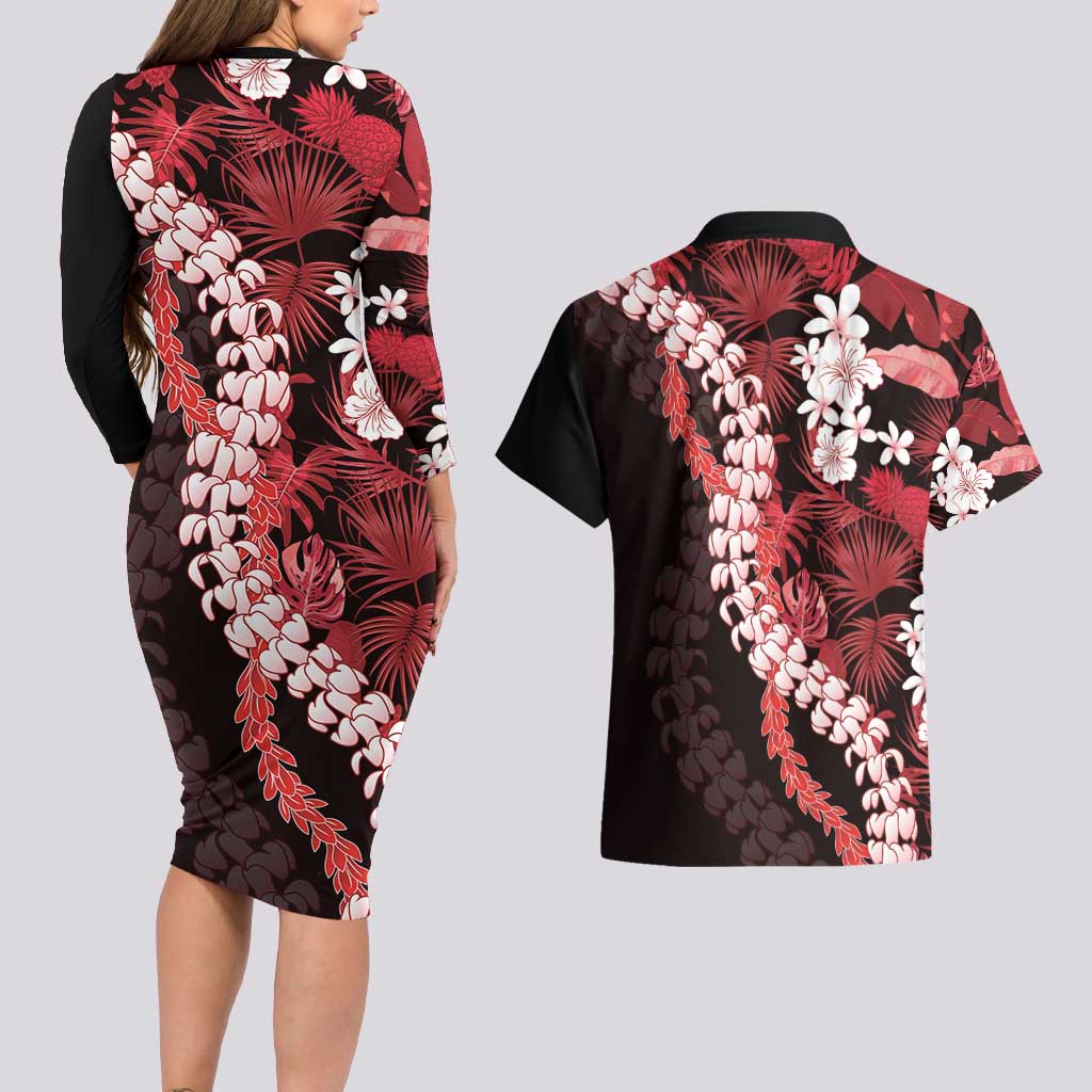 Ulaula Aloha Hawaii Lei Couples Matching Long Sleeve Bodycon Dress and Hawaiian Shirt Tropical Flowers Elegant Vibe - Polynesian Pride