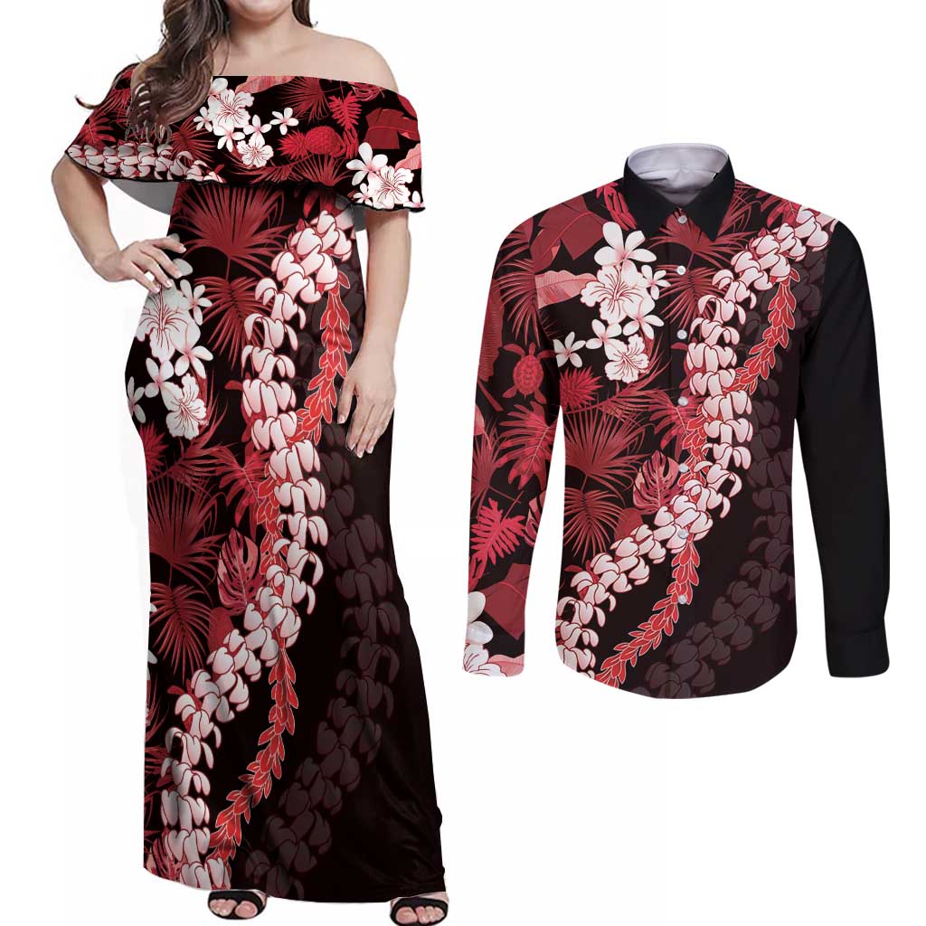 Ulaula Aloha Hawaii Lei Couples Matching Off Shoulder Maxi Dress and Long Sleeve Button Shirt Tropical Flowers Elegant Vibe LT14 Red - Polynesian Pride