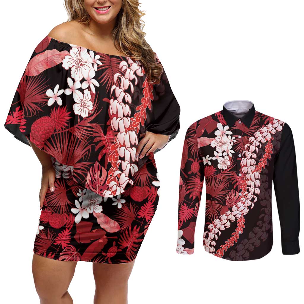 Ulaula Aloha Hawaii Lei Couples Matching Off Shoulder Short Dress and Long Sleeve Button Shirt Tropical Flowers Elegant Vibe LT14 Red - Polynesian Pride