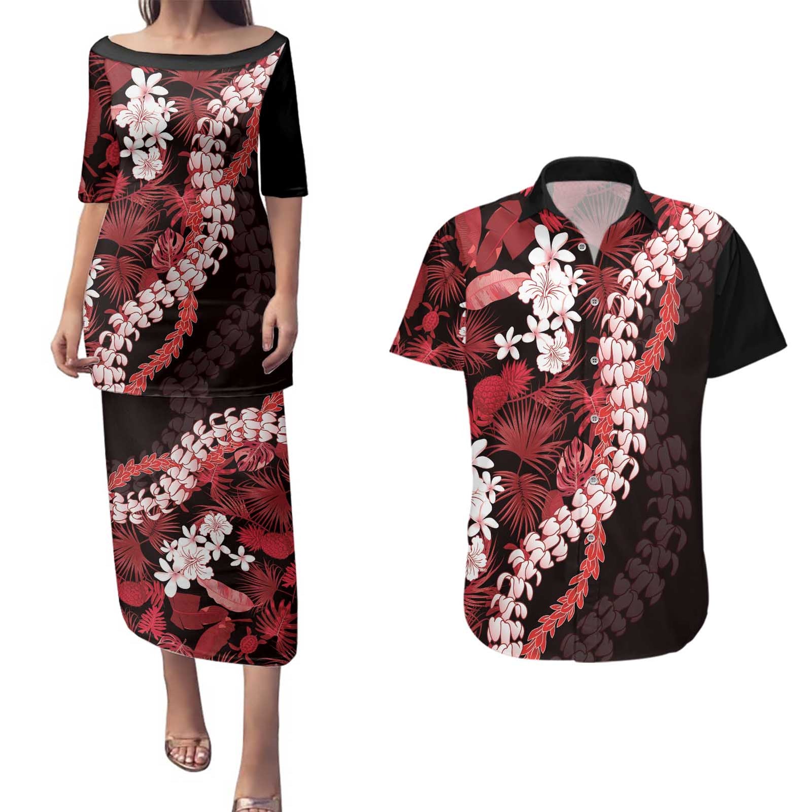 Ulaula Aloha Hawaii Lei Couples Matching Puletasi and Hawaiian Shirt Tropical Flowers Elegant Vibe LT14 Red - Polynesian Pride