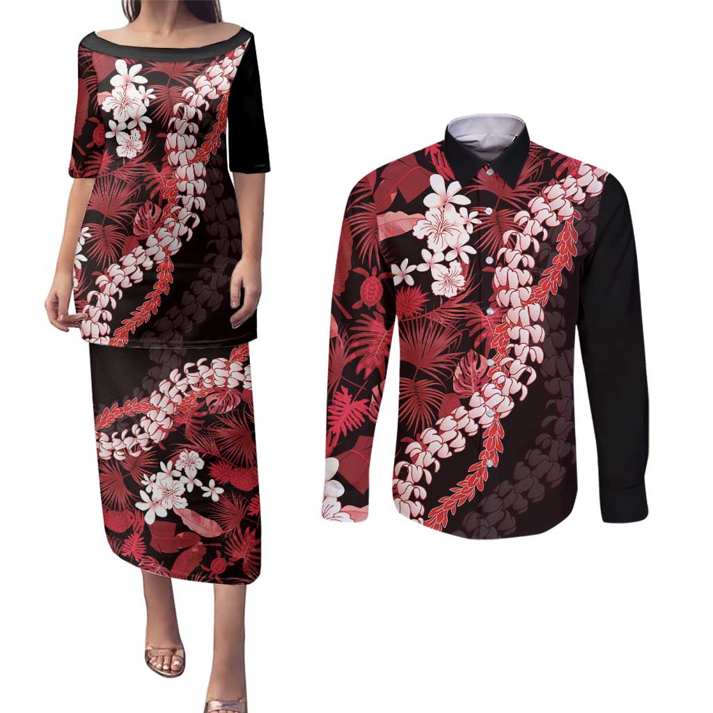 Ulaula Aloha Hawaii Lei Couples Matching Puletasi and Long Sleeve Button Shirt Tropical Flowers Elegant Vibe LT14 Red - Polynesian Pride