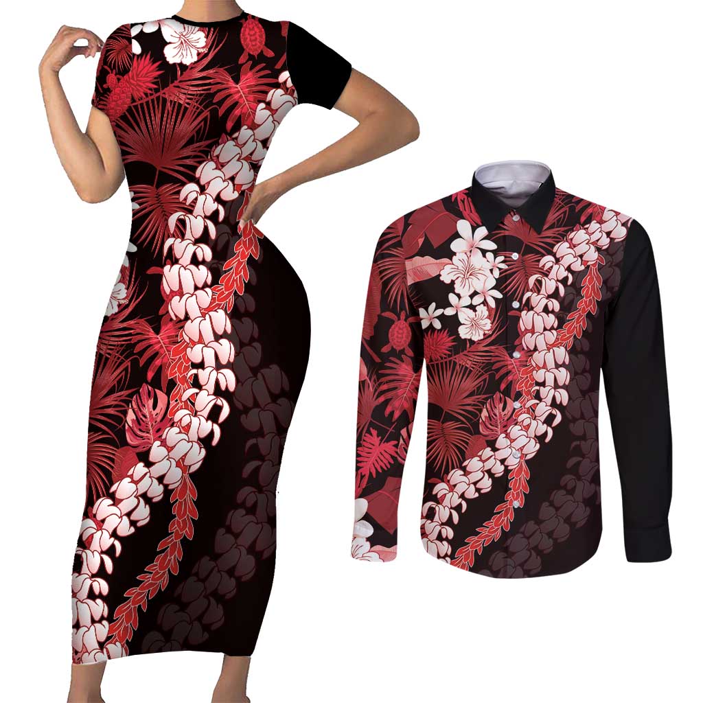 Ulaula Aloha Hawaii Lei Couples Matching Short Sleeve Bodycon Dress and Long Sleeve Button Shirt Tropical Flowers Elegant Vibe LT14 Red - Polynesian Pride