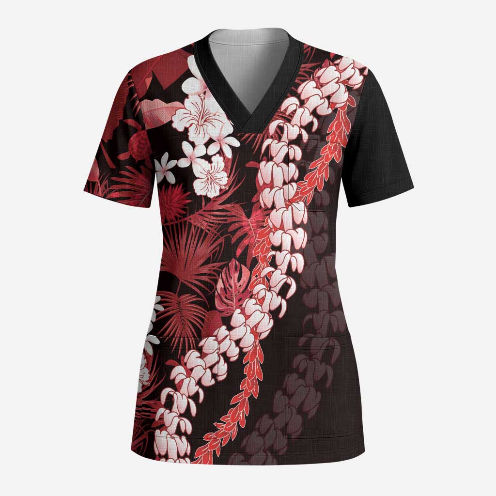 Ulaula Aloha Hawaii Lei Scrub Top Tropical Flowers Elegant Vibe LT14 Adult Red - Polynesian Pride