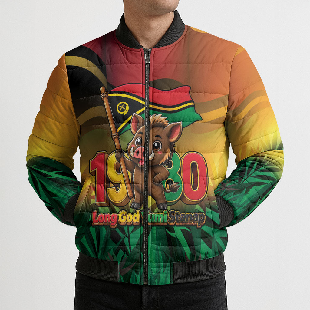 Vanuatu Independence Day Bomber Puffer Jacket Chibi Boar Proud To Be A Ni-Van