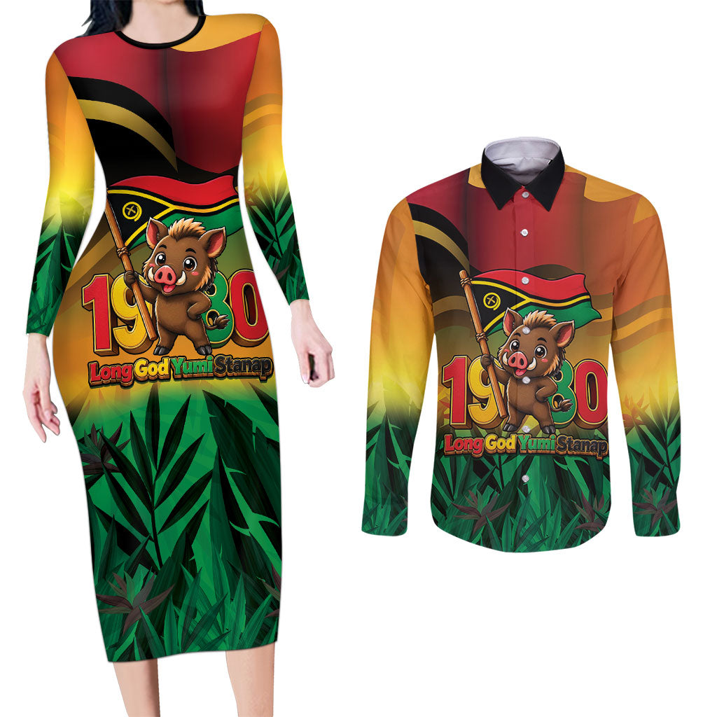 Vanuatu Independence Day Couples Matching Long Sleeve Bodycon Dress and Long Sleeve Button Shirt Chibi Boar Proud To Be A Ni-Van