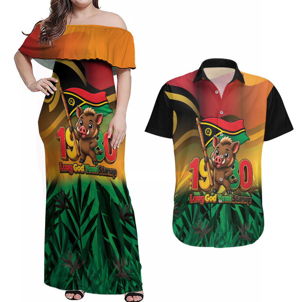 Vanuatu Independence Day Couples Matching Off Shoulder Maxi Dress and Hawaiian Shirt Chibi Boar Proud To Be A Ni-Van