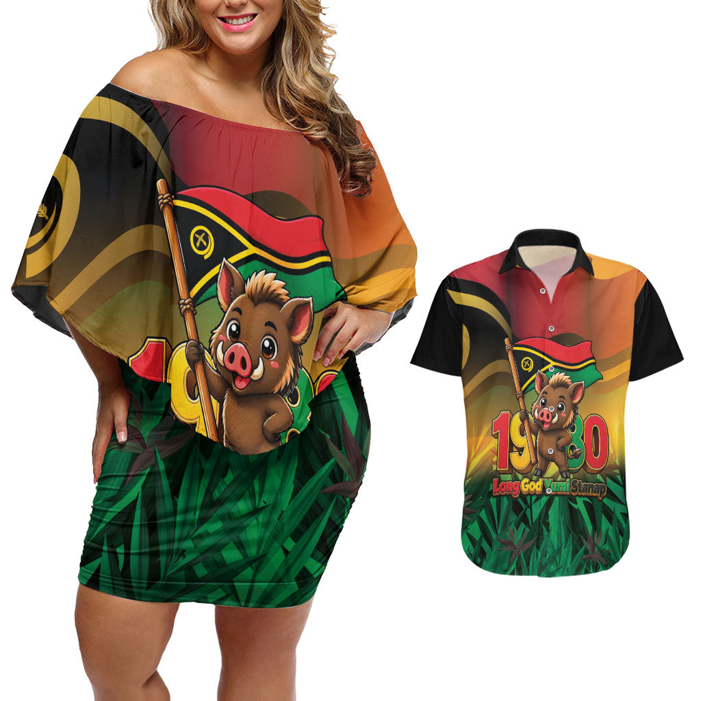 Vanuatu Independence Day Couples Matching Off Shoulder Short Dress and Hawaiian Shirt Chibi Boar Proud To Be A Ni-Van