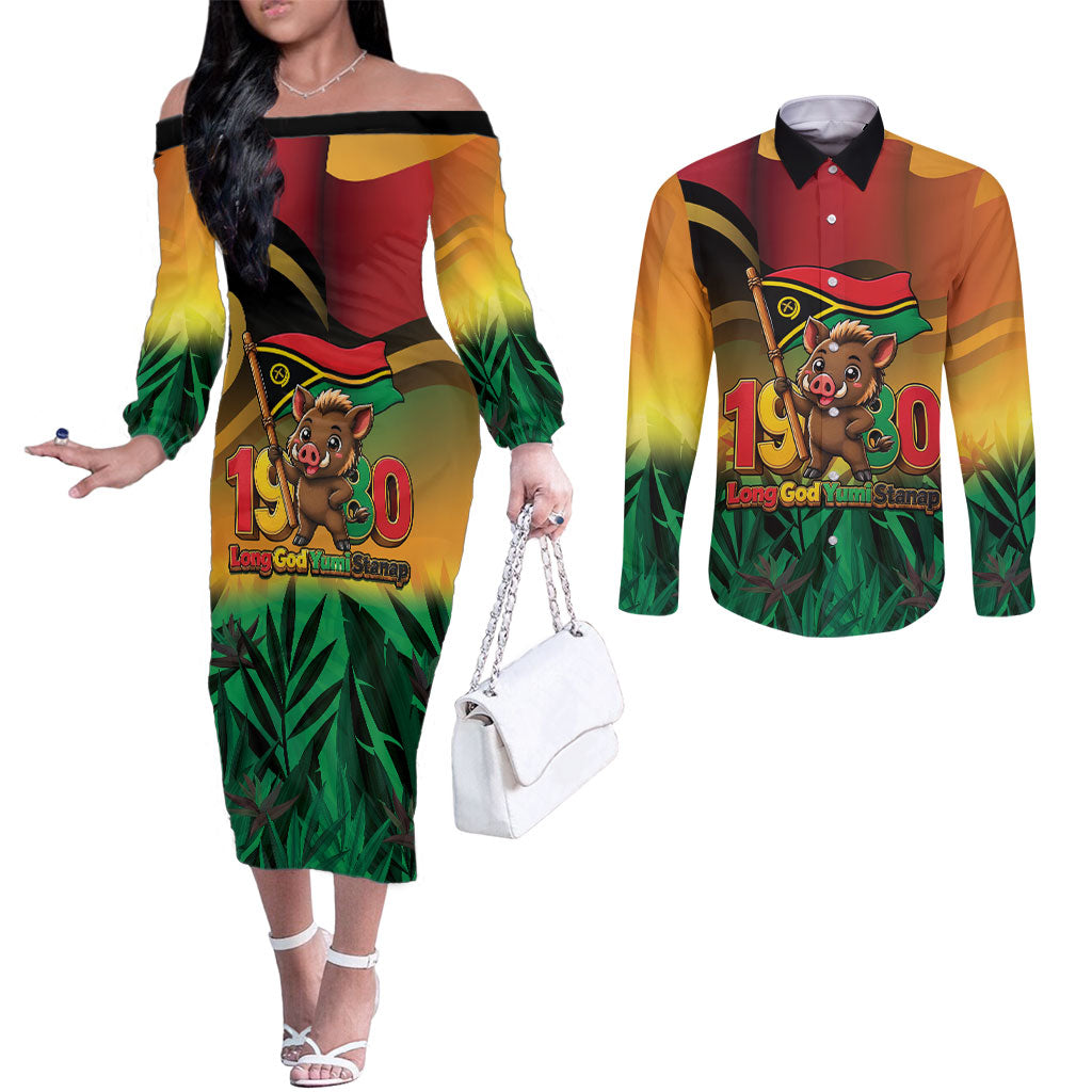 Vanuatu Independence Day Couples Matching Off The Shoulder Long Sleeve Dress and Long Sleeve Button Shirt Chibi Boar Proud To Be A Ni-Van