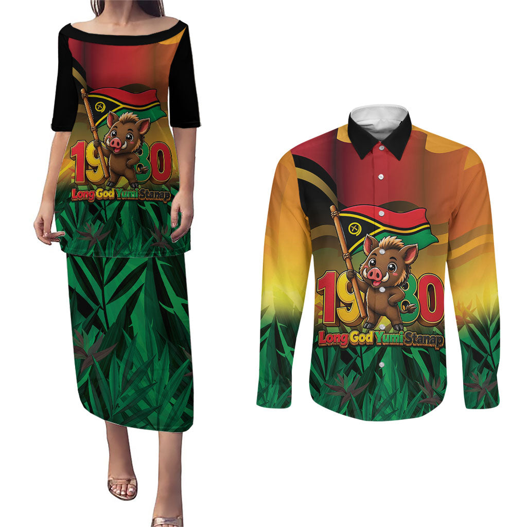 Vanuatu Independence Day Couples Matching Puletasi and Long Sleeve Button Shirt Chibi Boar Proud To Be A Ni-Van