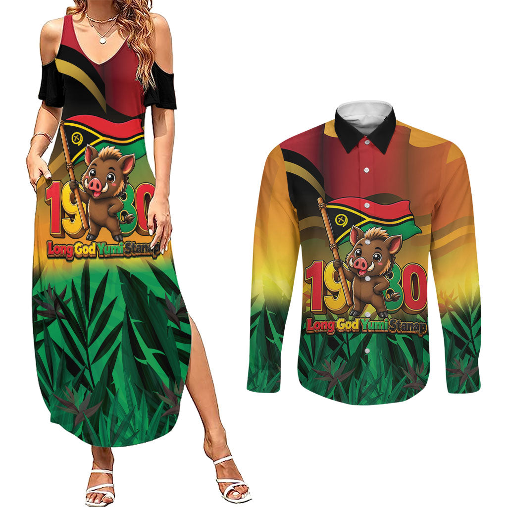 Vanuatu Independence Day Couples Matching Summer Maxi Dress and Long Sleeve Button Shirt Chibi Boar Proud To Be A Ni-Van
