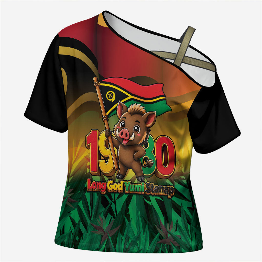 Vanuatu Independence Day Cross Shoulder Shirt Chibi Boar Proud To Be A Ni-Van LT14 Female Multicolor - Polynesian Pride