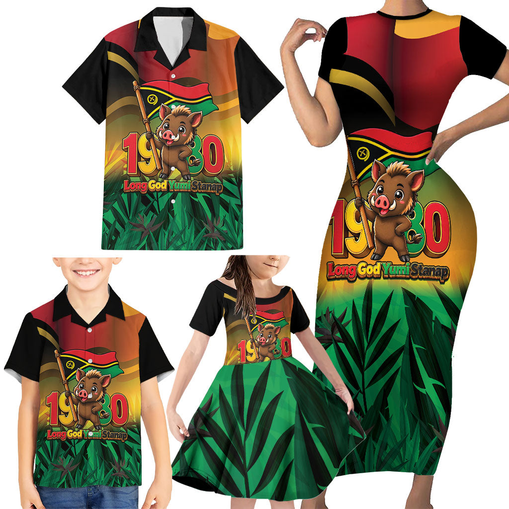 Vanuatu Independence Day Family Matching Short Sleeve Bodycon Dress and Hawaiian Shirt Chibi Boar Proud To Be A Ni-Van