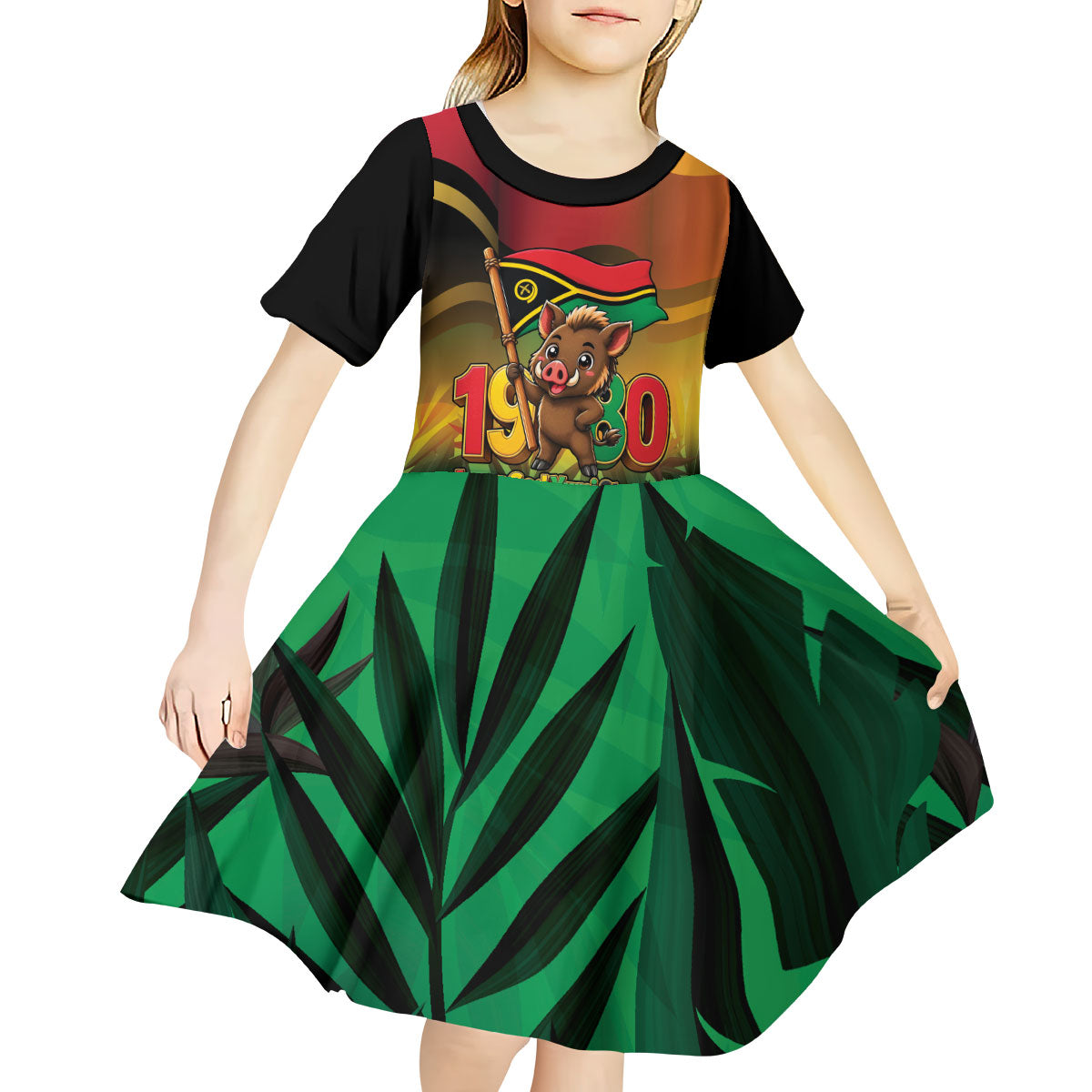 Vanuatu Independence Day Kid Short Sleeve Dress Chibi Boar Proud To Be A Ni-Van