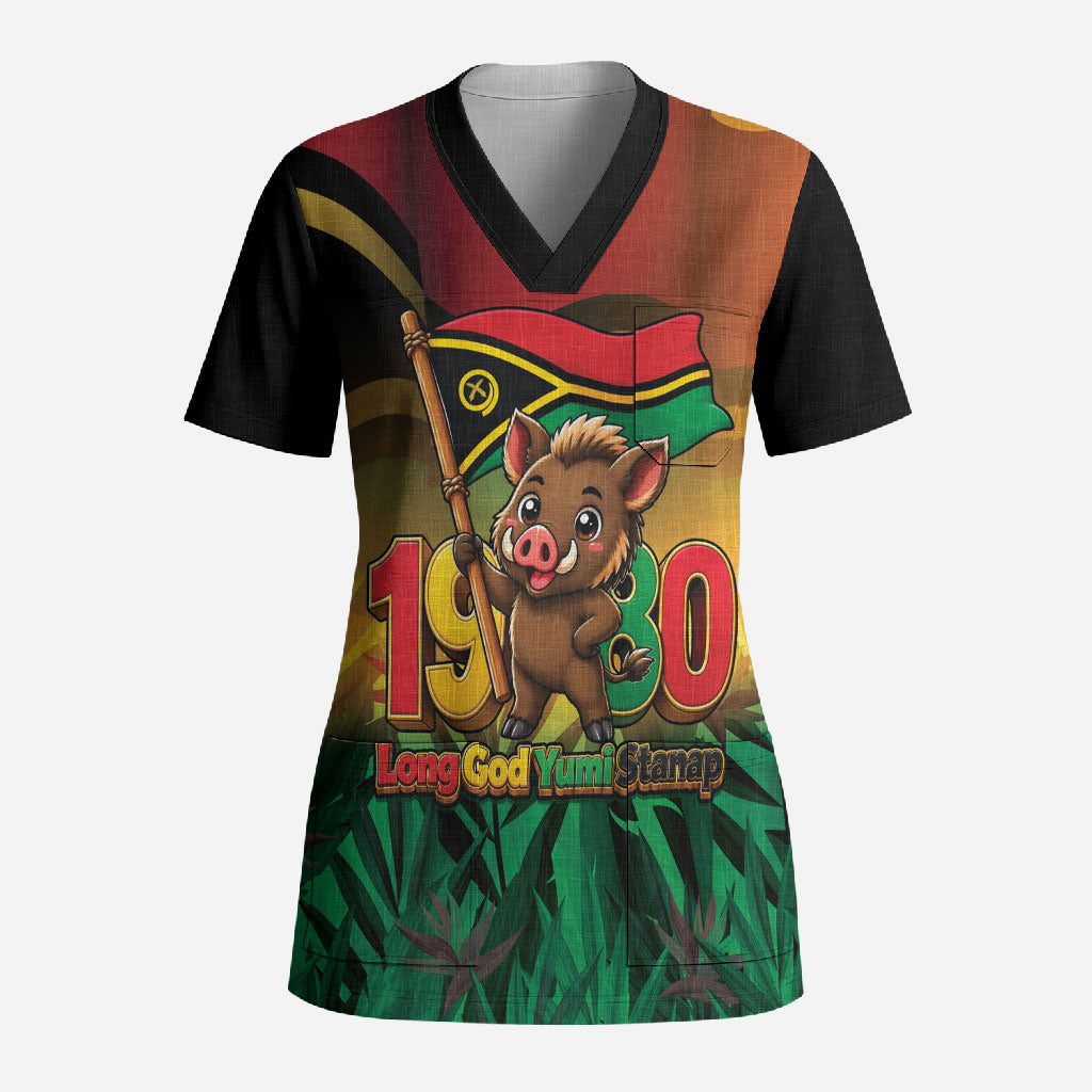 Vanuatu Independence Day Scrub Top Chibi Boar Proud To Be A Ni-Van LT14 Adult Multicolor - Polynesian Pride