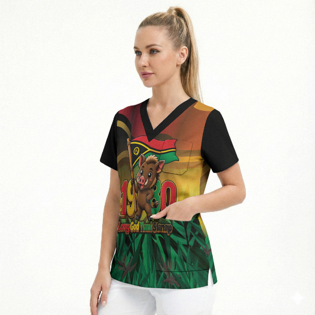 Vanuatu Independence Day Scrub Top Chibi Boar Proud To Be A Ni-Van