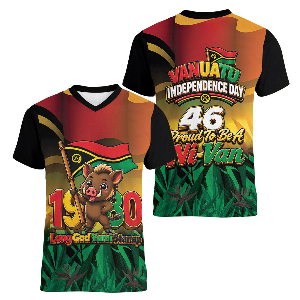 Vanuatu Independence Day Women V-Neck T-Shirt Chibi Boar Proud To Be A Ni-Van