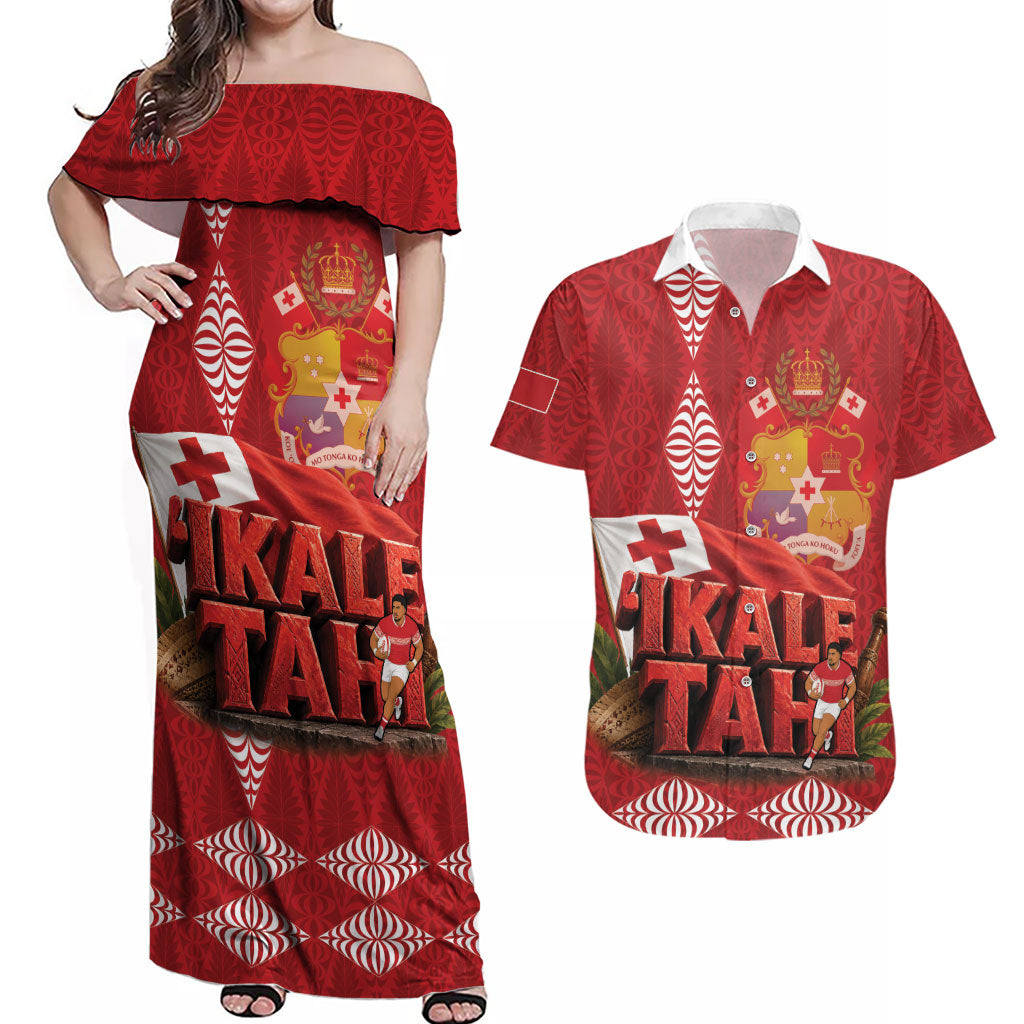 Tonga Rugby Custom Couples Matching Off Shoulder Maxi Dress and Hawaiian Shirt 2026 Go Ikale Tahi Ngatu Pattern