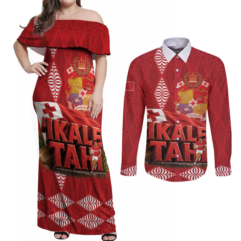 Tonga Rugby Custom Couples Matching Off Shoulder Maxi Dress and Long Sleeve Button Shirt 2026 Go Ikale Tahi Ngatu Pattern