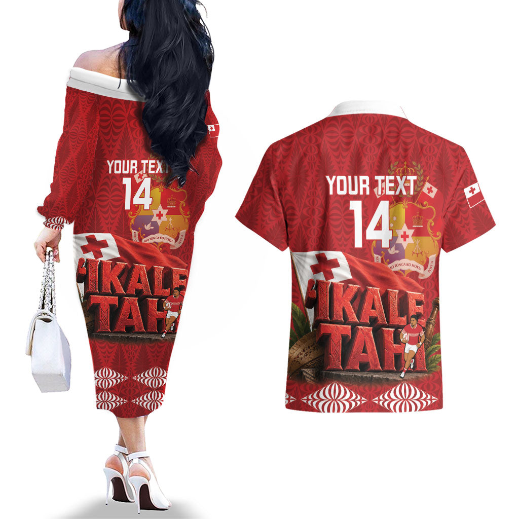 Tonga Rugby Custom Couples Matching Off The Shoulder Long Sleeve Dress and Hawaiian Shirt 2026 Go Ikale Tahi Ngatu Pattern