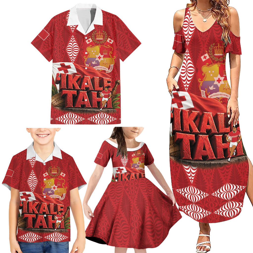 Tonga Rugby Custom Family Matching Summer Maxi Dress and Hawaiian Shirt 2026 Go Ikale Tahi Ngatu Pattern LT14 - Polynesian Pride