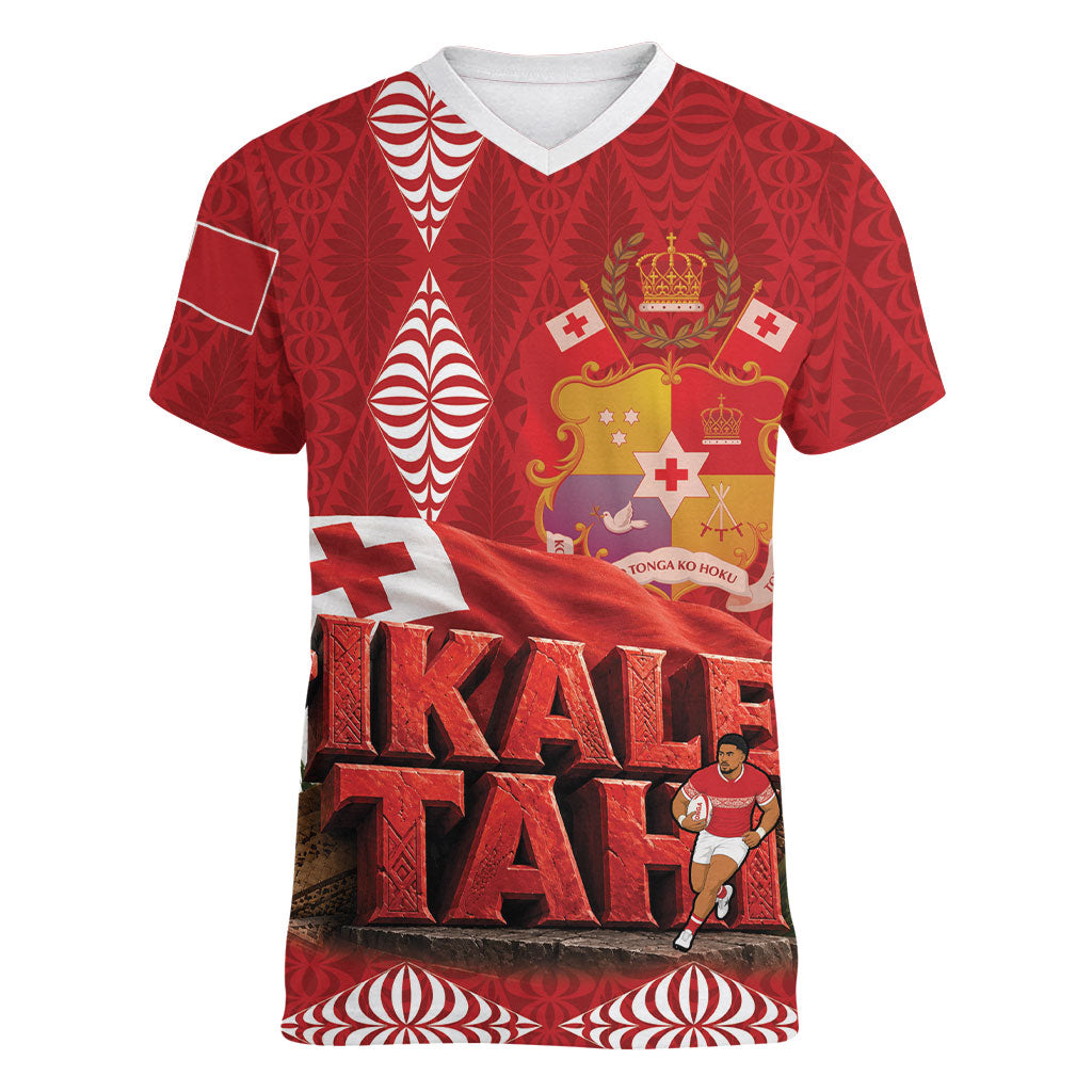 Tonga Rugby Custom Women V-Neck T-Shirt 2026 Go Ikale Tahi Ngatu Pattern LT14 Female Red - Polynesian Pride