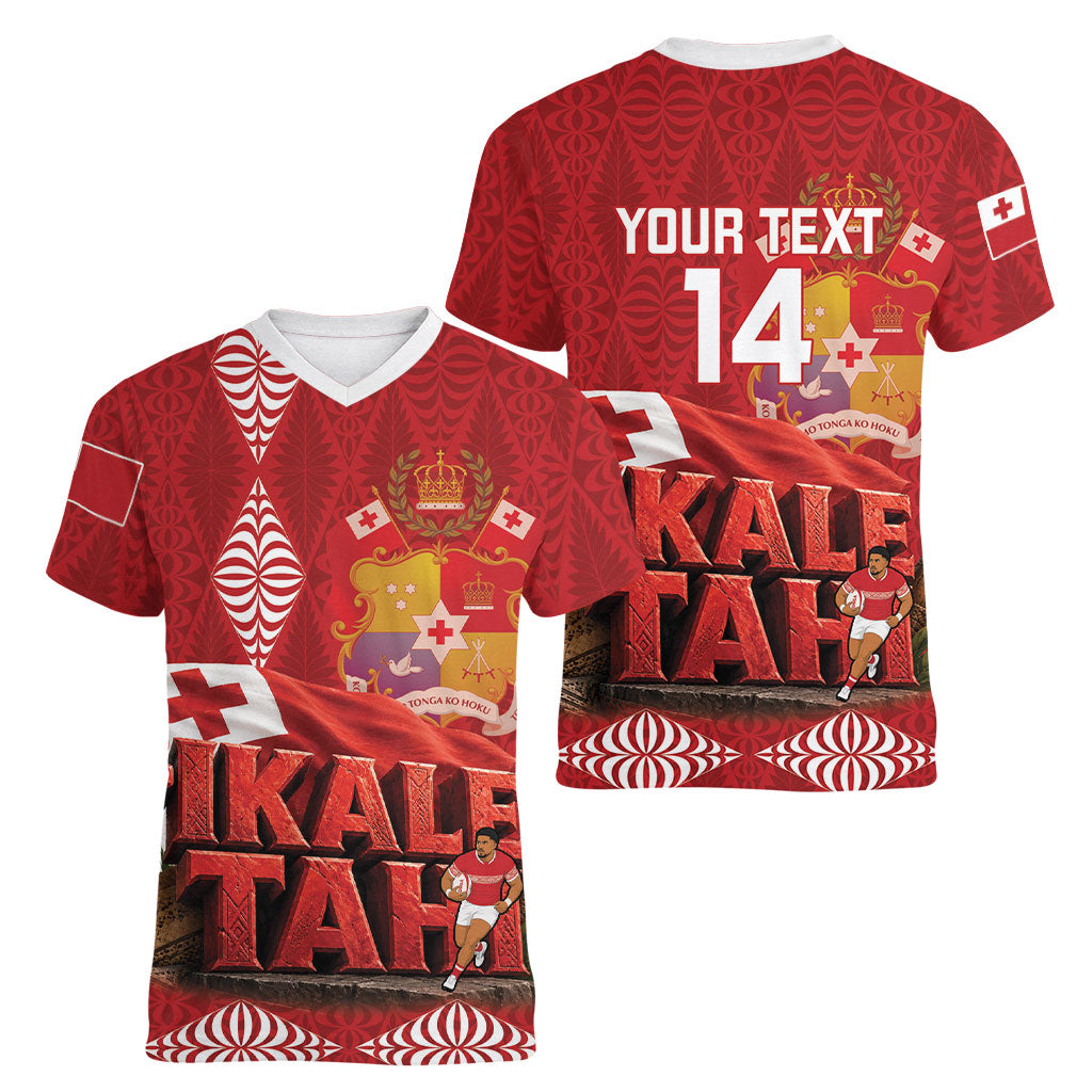 Tonga Rugby Custom Women V-Neck T-Shirt 2026 Go Ikale Tahi Ngatu Pattern