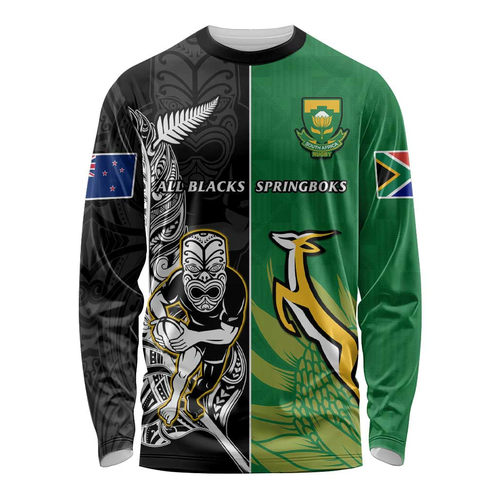 (Custom Personalised) New Zealand And South Africa Rugby Long Sleeve Shirt All Black Maori Mix Springboks LT14