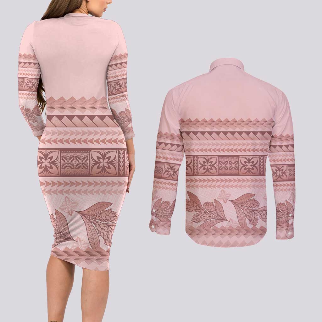 Pastel Pink Samoa Siapo Teuila Flowers Couples Matching Long Sleeve Bodycon Dress and Long Sleeve Button Shirt LT14 - Polynesian Pride