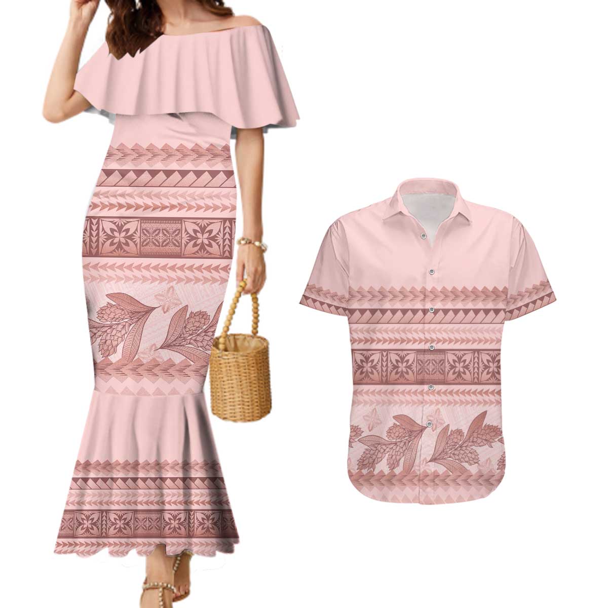 Pastel Pink Samoa Siapo Teuila Flowers Couples Matching Mermaid Dress and Hawaiian Shirt LT14 Pastel Pink - Polynesian Pride
