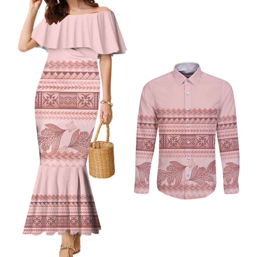 Pastel Pink Samoa Siapo Teuila Flowers Couples Matching Mermaid Dress and Long Sleeve Button Shirt LT14 Pastel Pink - Polynesian Pride