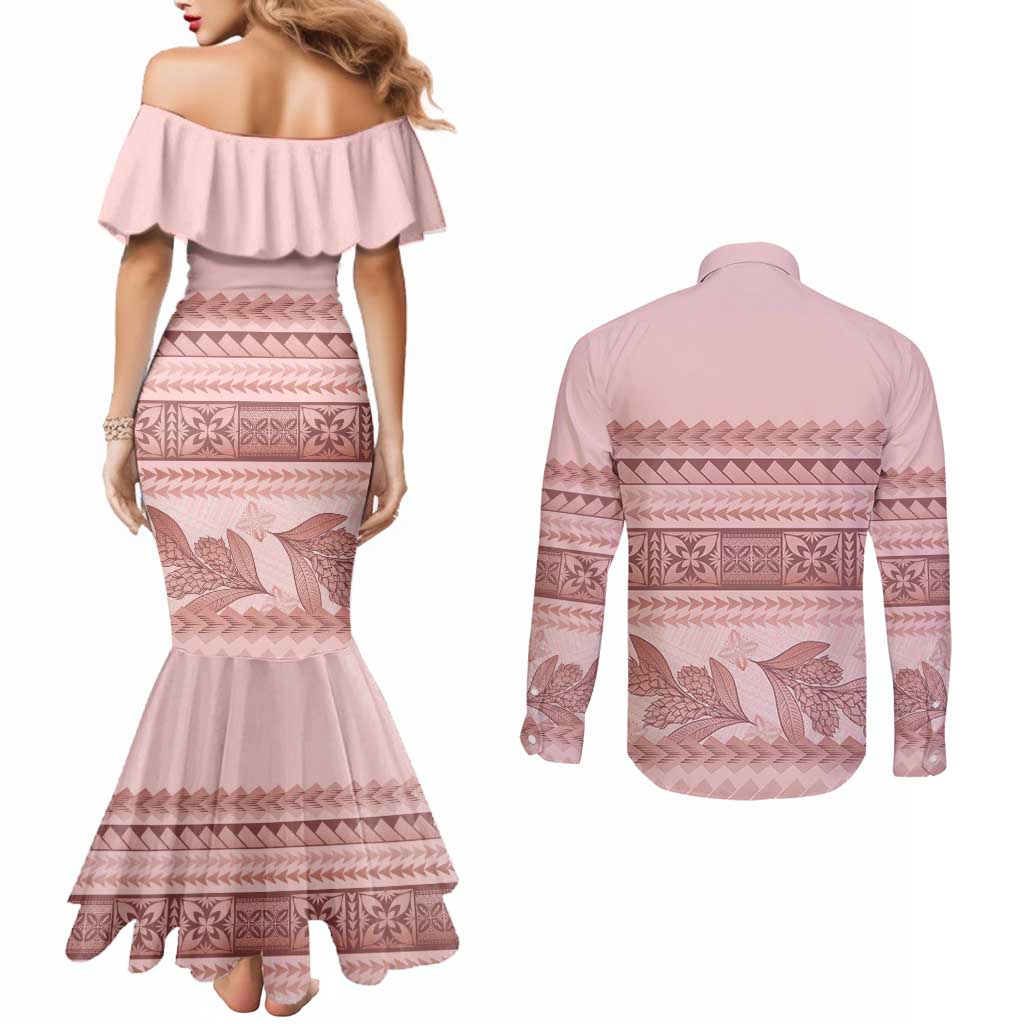 Pastel Pink Samoa Siapo Teuila Flowers Couples Matching Mermaid Dress and Long Sleeve Button Shirt LT14 - Polynesian Pride