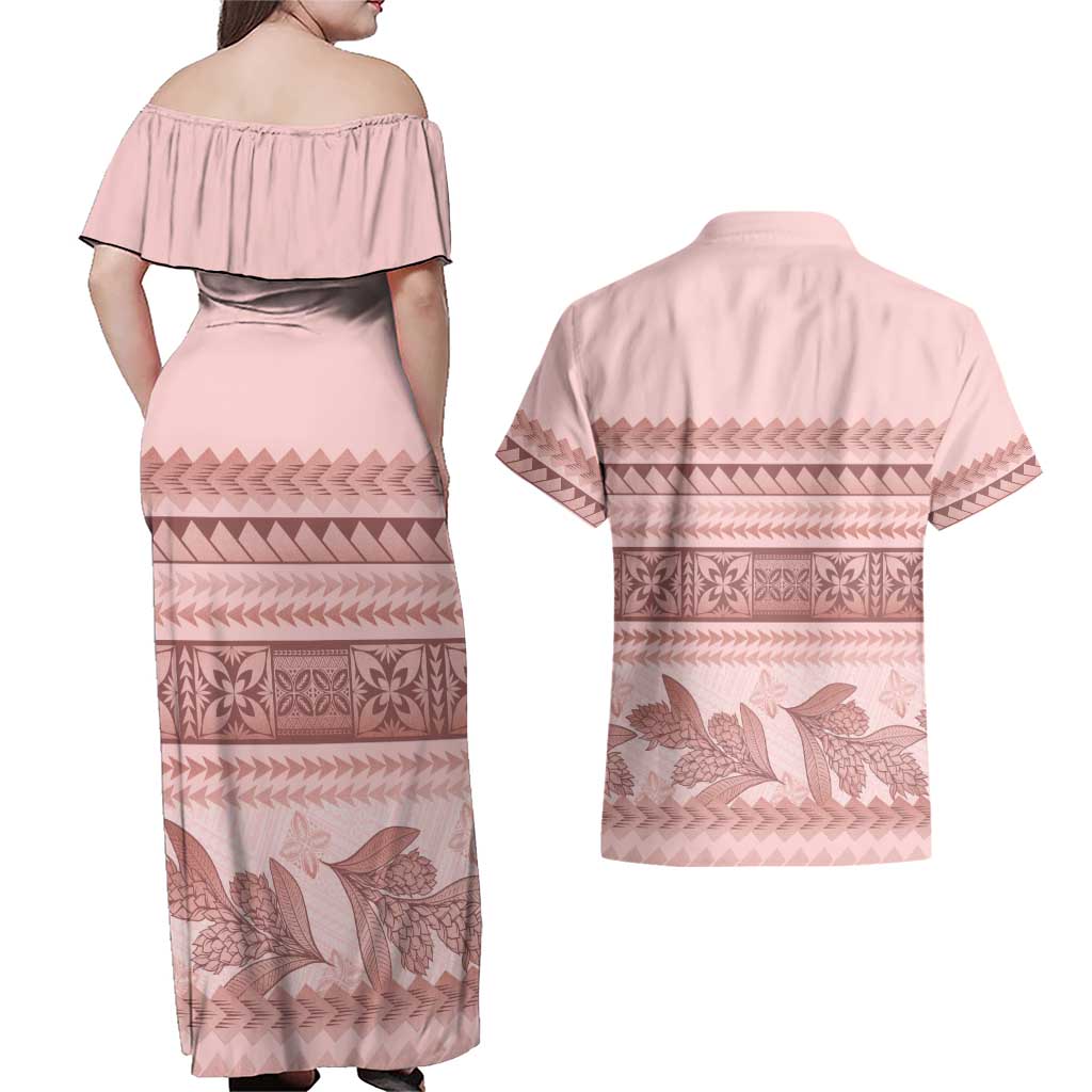 Pastel Pink Samoa Siapo Teuila Flowers Couples Matching Off Shoulder Maxi Dress and Hawaiian Shirt - Polynesian Pride