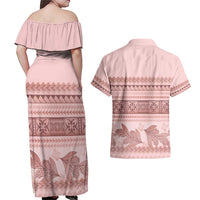 Pastel Pink Samoa Siapo Teuila Flowers Couples Matching Off Shoulder Maxi Dress and Hawaiian Shirt - Polynesian Pride