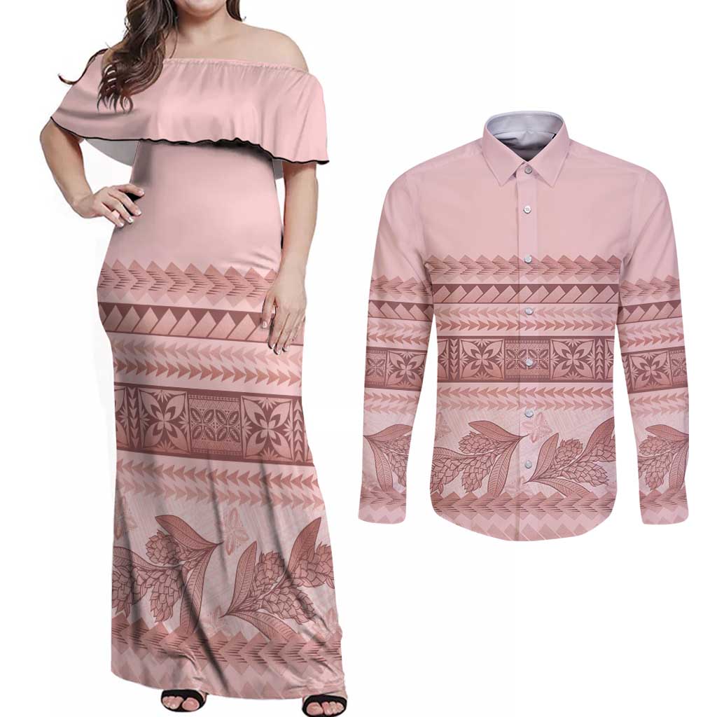 Pastel Pink Samoa Siapo Teuila Flowers Couples Matching Off Shoulder Maxi Dress and Long Sleeve Button Shirt LT14 Pastel Pink - Polynesian Pride