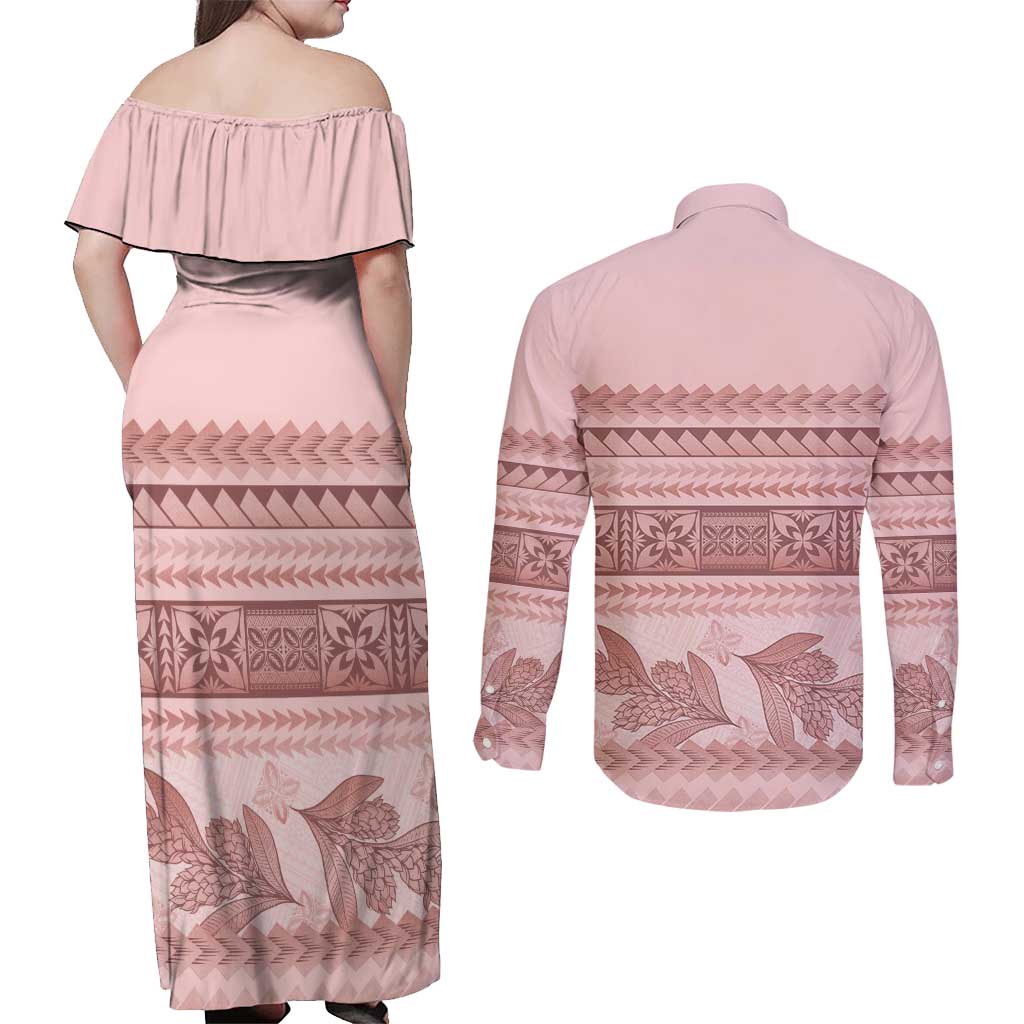 Pastel Pink Samoa Siapo Teuila Flowers Couples Matching Off Shoulder Maxi Dress and Long Sleeve Button Shirt LT14 - Polynesian Pride