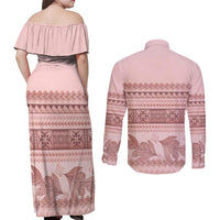 Pastel Pink Samoa Siapo Teuila Flowers Couples Matching Off Shoulder Maxi Dress and Long Sleeve Button Shirt LT14 - Polynesian Pride