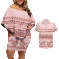 Pastel Pink Samoa Siapo Teuila Flowers Couples Matching Off Shoulder Short Dress and Hawaiian Shirt LT14 Pastel Pink - Polynesian Pride