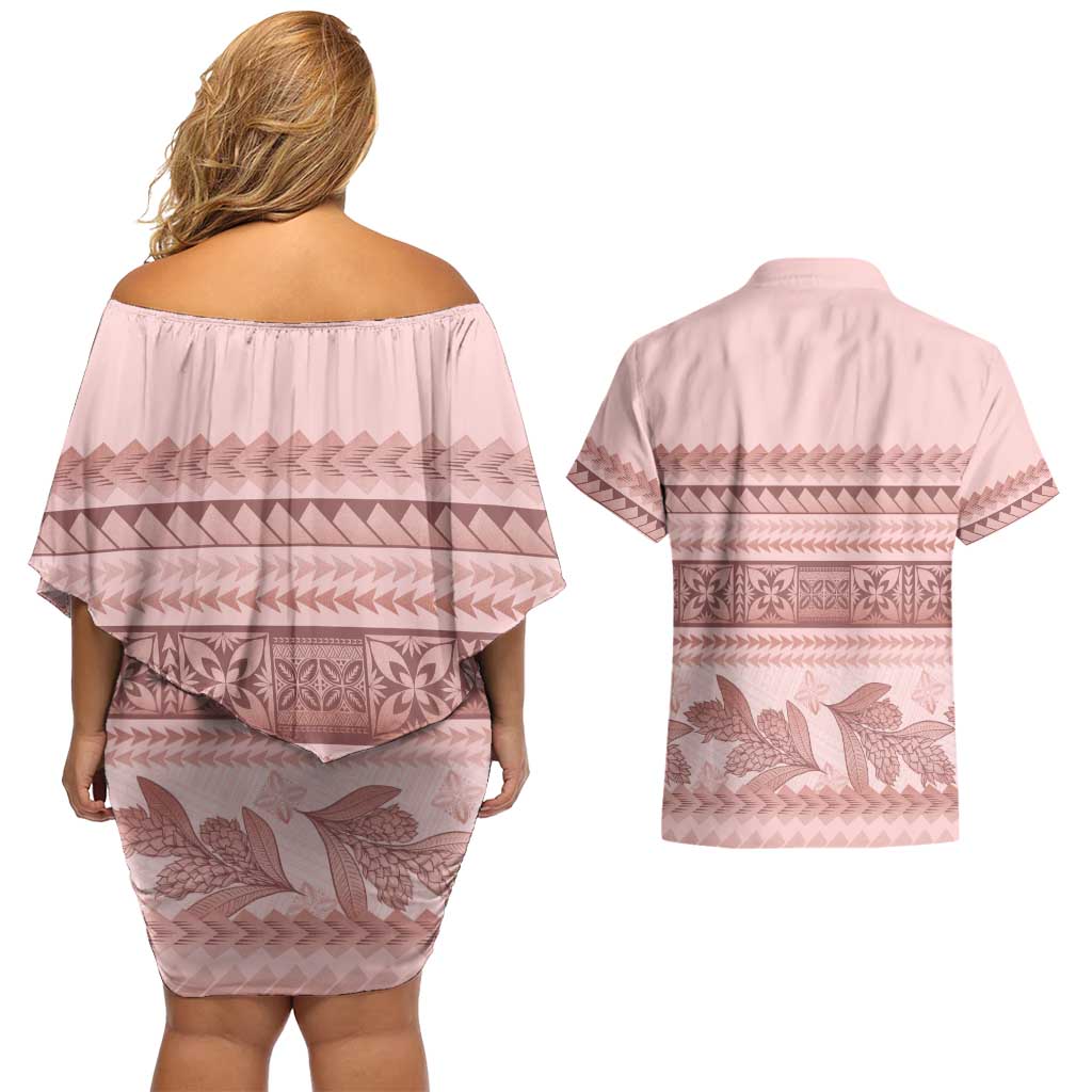 Pastel Pink Samoa Siapo Teuila Flowers Couples Matching Off Shoulder Short Dress and Hawaiian Shirt LT14 - Polynesian Pride
