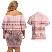 Pastel Pink Samoa Siapo Teuila Flowers Couples Matching Off Shoulder Short Dress and Hawaiian Shirt LT14 - Polynesian Pride